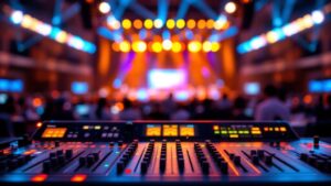 Audio-visual mixing console with glowing meters at a Tokyo event venue with blurred stage lights in the background