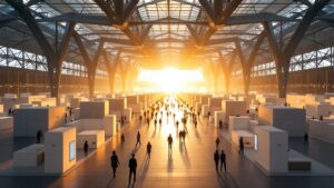 Expansive technology exhibition hall in Tokyo Big Sight with warm backlit atmosphere and silhouetted attendees walking between booth rows
