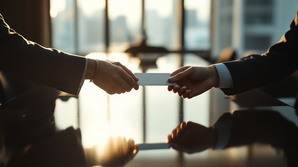 Two pairs of hands exchanging a business card over a polished conference table in a Tokyo office