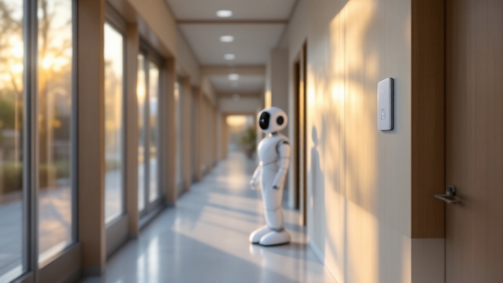Modern Japanese care facility corridor with a care robot and smart sensor panel in warm morning light