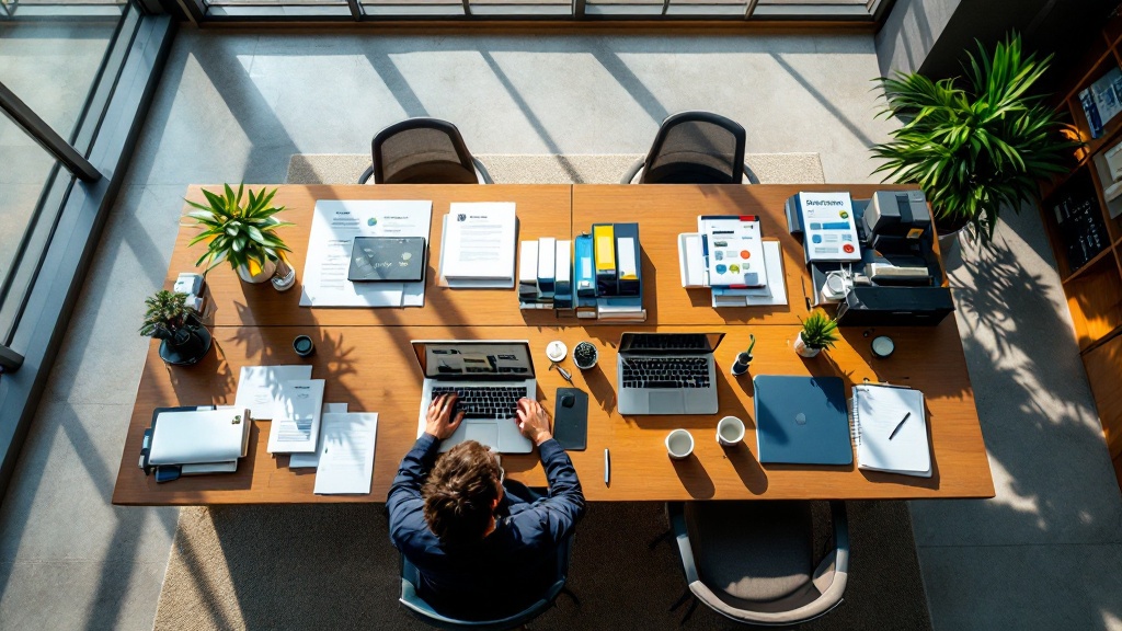 Overhead view of a Tokyo office desk blending in-house and external partnership workspaces