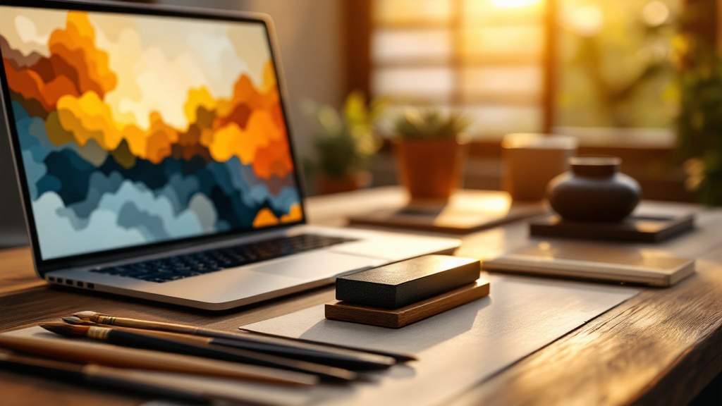 Japanese calligraphy tools beside a modern laptop on a wooden desk with warm light filtering through shoji screens