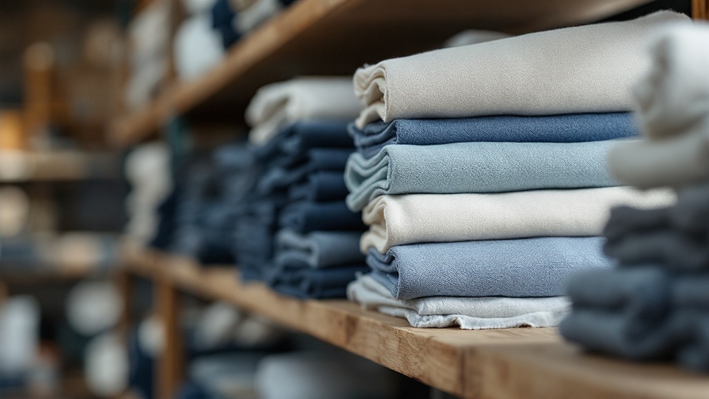 Organic cotton fabric rolls in natural tones on wooden shelving in a Japanese textile warehouse