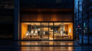 Modern retail storefront with warm interior lighting on a rain-dampened Japanese street at twilight