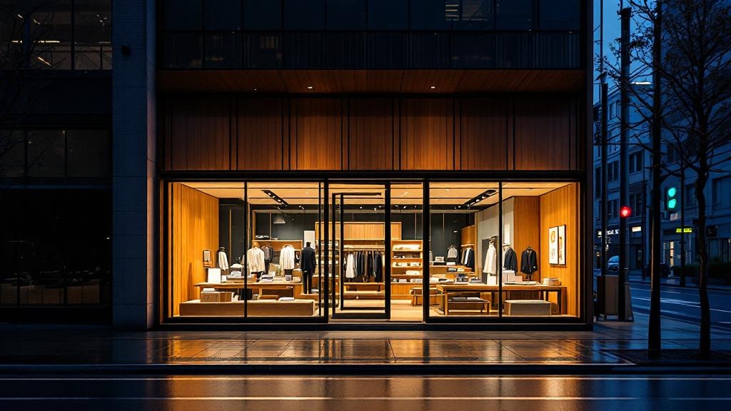 Modern retail storefront with warm interior lighting on a rain-dampened Japanese street at twilight