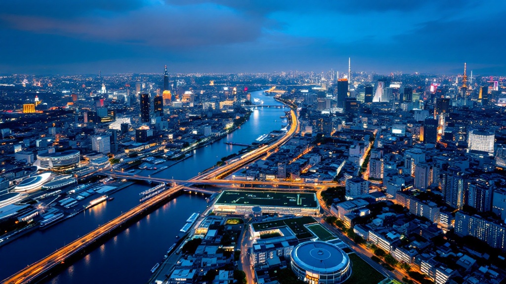Aerial view of Tokyo waterfront district at twilight showing modern urban infrastructure and green rooftops