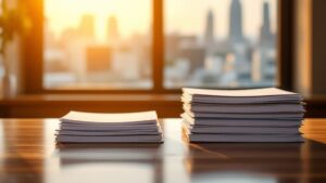 Two stacks of business documents on a Japanese wooden desk with Tokyo skyline visible through window