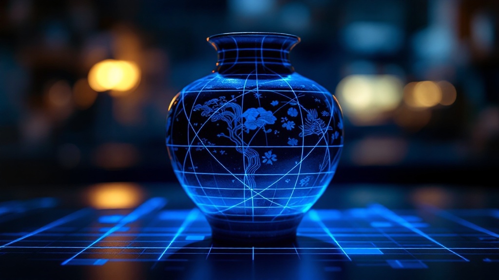 A 3D scanner projects structured light patterns onto a Japanese ceramic artifact in a conservation laboratory