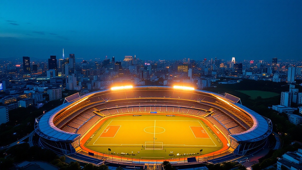 Aerial view of a floodlit sports stadium in Tokyo at dusk with the city skyline in the background