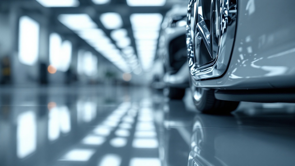 Close-up of a car's front section on a polished inspection facility floor in Japan with geometric light reflections