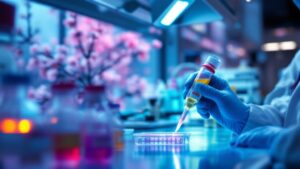 Gloved hands working with fluorescent reagents in a modern Japanese biotech laboratory