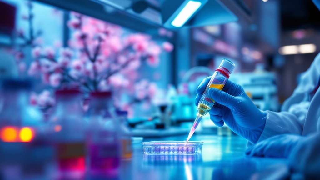 Gloved hands working with fluorescent reagents in a modern Japanese biotech laboratory