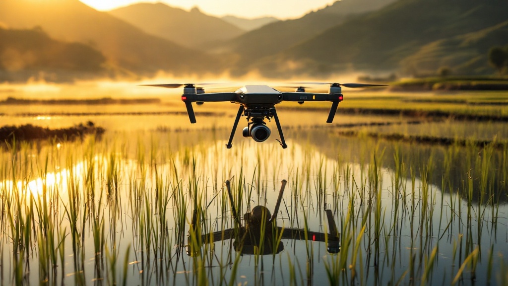 Agricultural drone flying over flooded rice paddies in rural Japan at golden hour