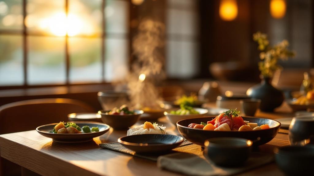 Beautifully plated kaiseki dishes on a wooden counter in a traditional Japanese restaurant with warm evening light