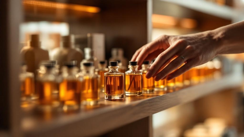 Hands arranging glass fragrance diffuser bottles on a dark walnut shelf in a minimalist Japanese retail setting