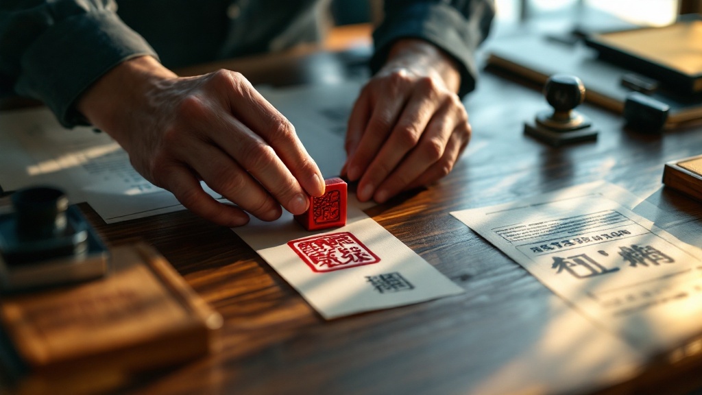 Close-up of hands arranging Japanese corporate seal stamps and registration documents on a wooden desk