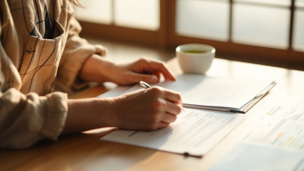 Hands reviewing Japanese food certification paperwork and regulatory documents on a clean desk with natural light
