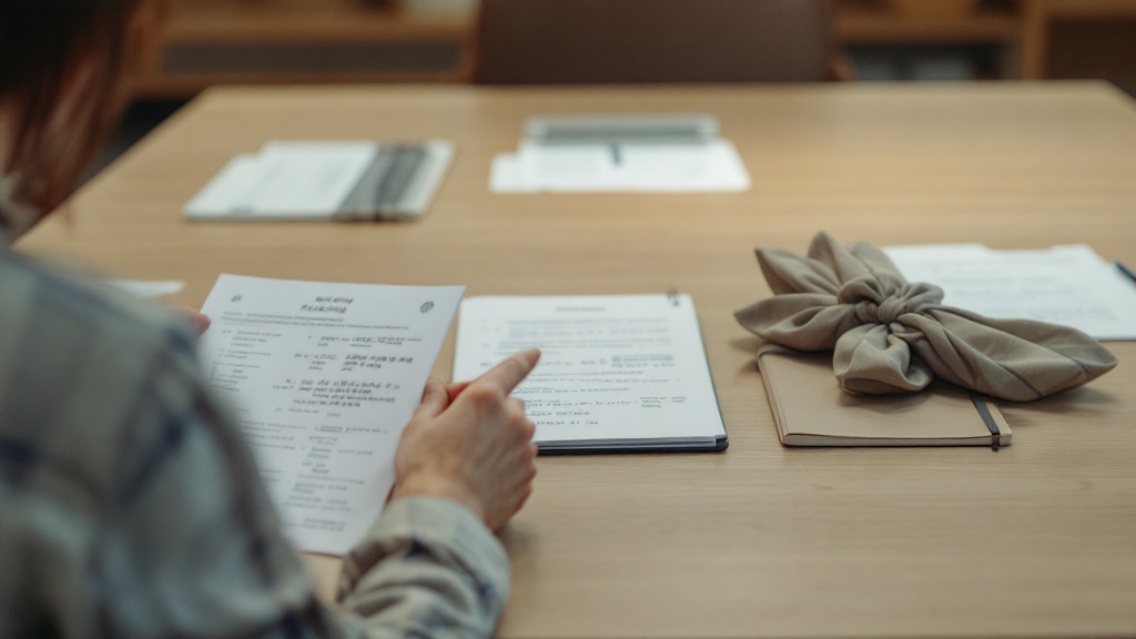 Over-shoulder view of training materials spread across a Japanese conference table