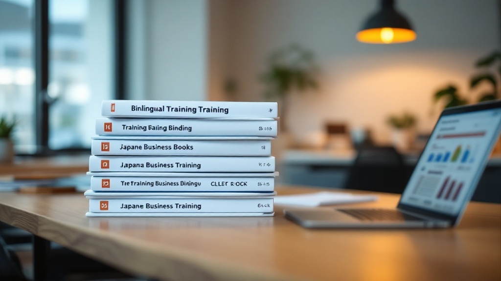 Training binders and Japanese business books stacked on a desk beside a laptop in a Tokyo office