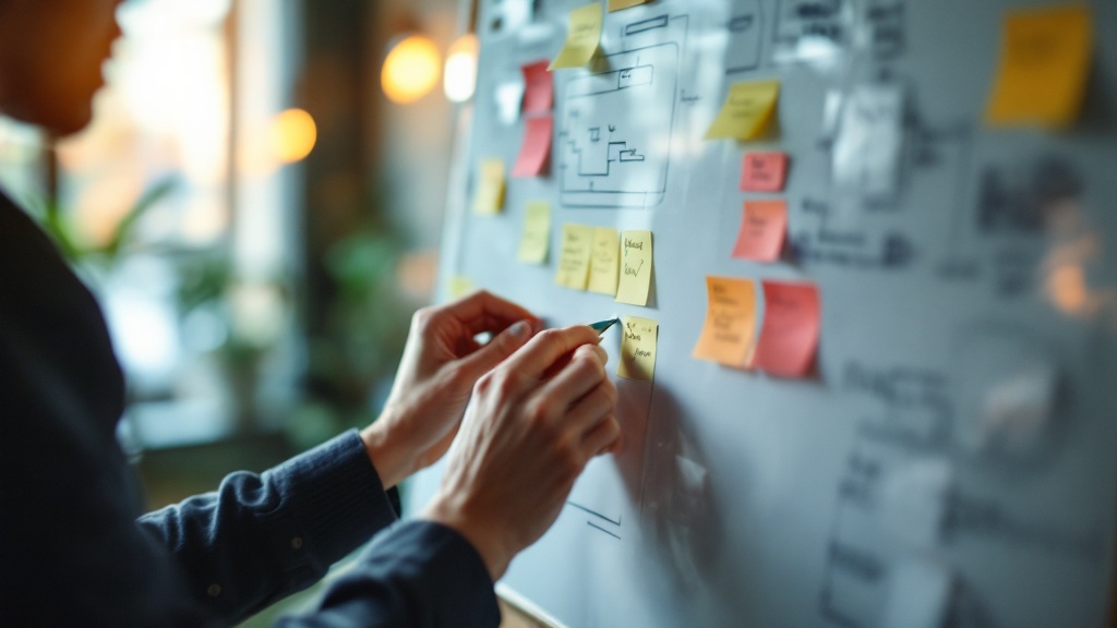 Hands reviewing a strategy whiteboard with sticky notes in a bright Tokyo coworking space