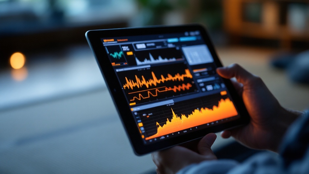 Hands holding a tablet displaying blurred medical data in a traditional Japanese home with tatami flooring
