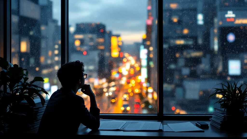 Silhouette of a professional overlooking Tokyo's Shibuya district from a high-rise office at twilight
