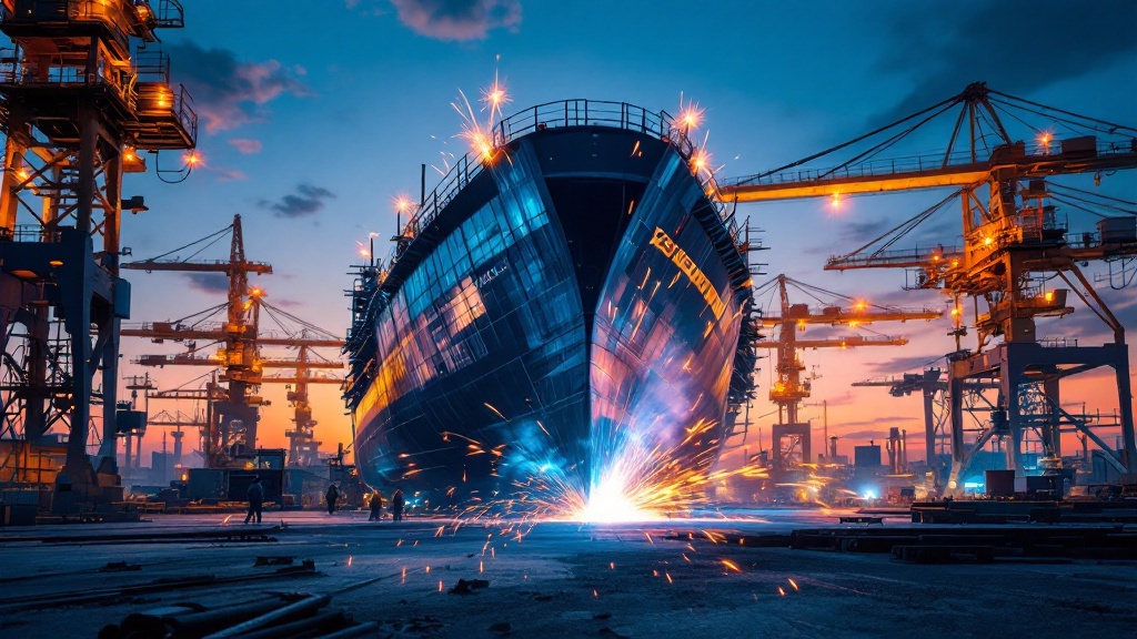 Ship hull under construction in a Japanese shipyard with welding sparks at dusk