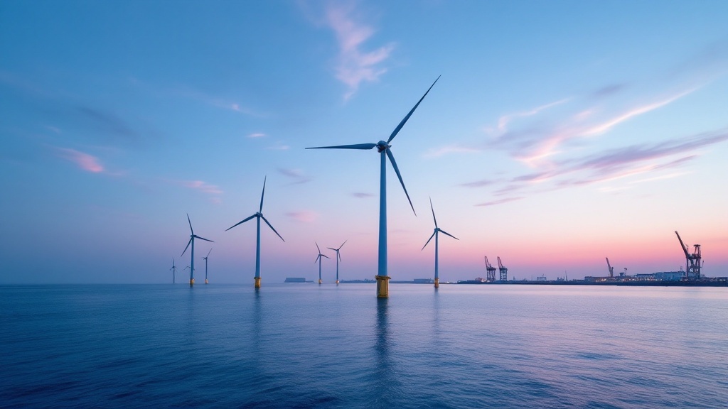 Offshore wind turbines near a Japanese port at dawn with industrial cranes on the horizon