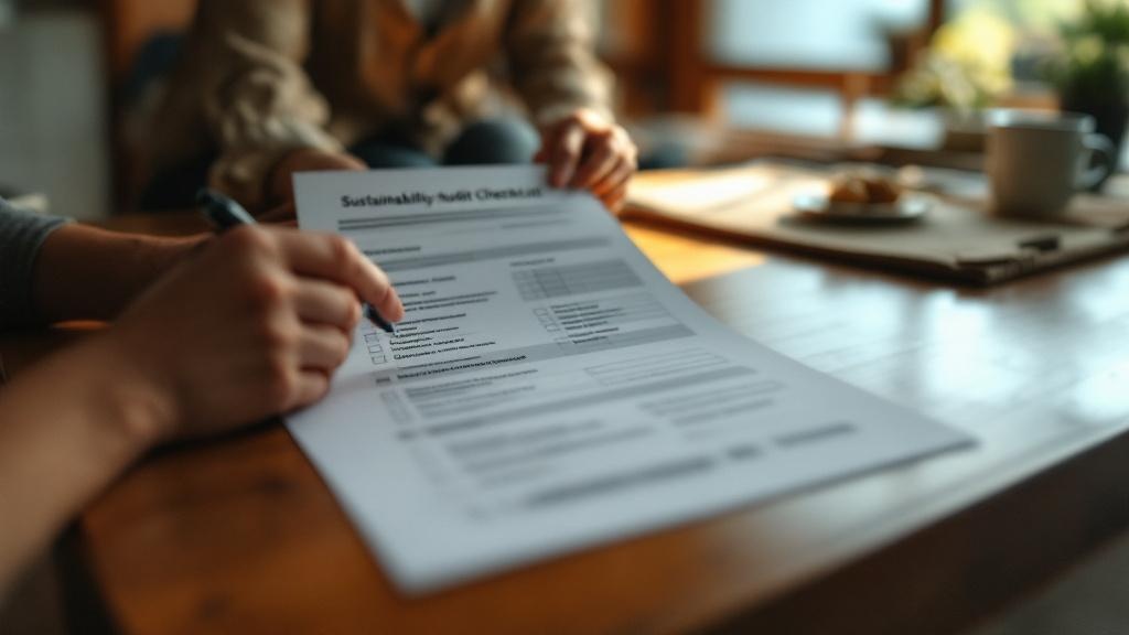 Hands reviewing a sustainability audit checklist on a wooden desk inside a traditional Japanese ryokan