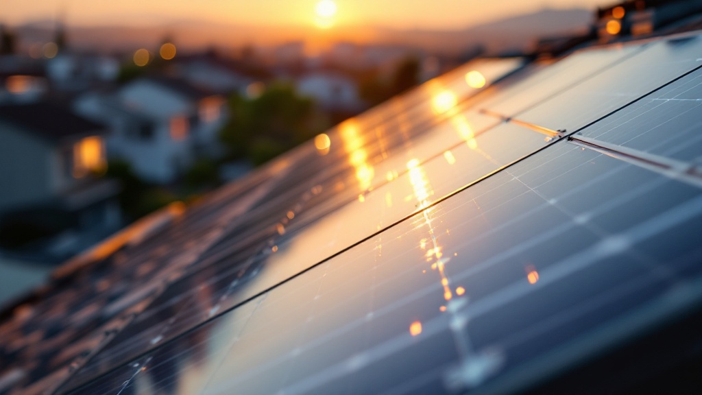 Close-up of solar panels on Japanese residential rooftops at sunset