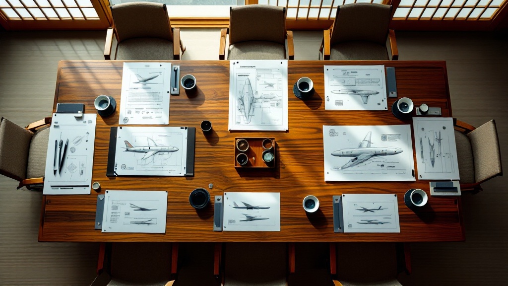 Overhead view of a traditional Japanese conference table with formal document arrangement, seal stamps, and tea service