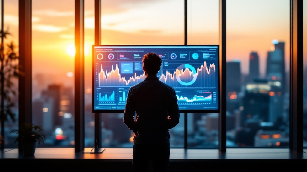 Silhouette of a professional reviewing blurred data charts on a monitor in a Tokyo high-rise office at golden hour