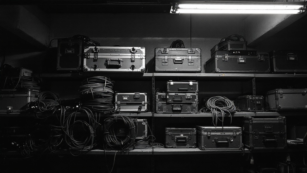 Flight cases and unused LED panels stacked on warehouse shelves under harsh fluorescent lighting