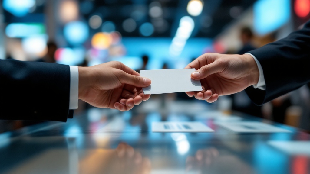 Close-up of hands exchanging business cards over a polished exhibition counter with soft bokeh lighting