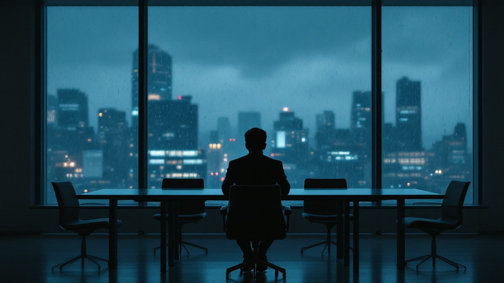 Silhouette of a businessperson sitting alone in an empty Japanese meeting room with city lights visible through rain-streaked windows