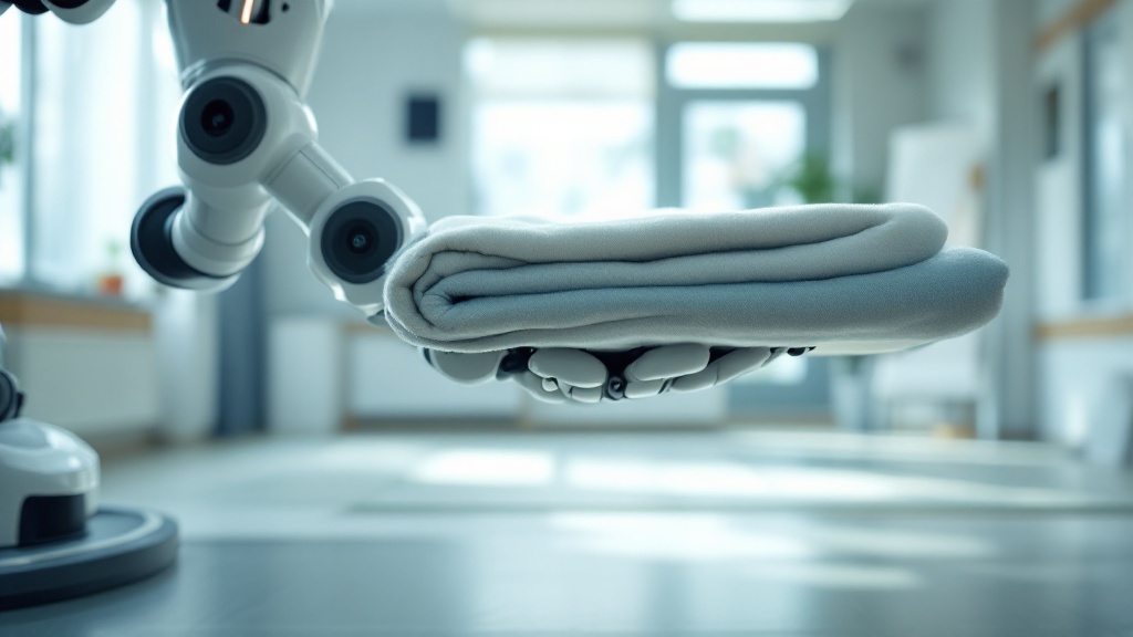 Close-up of a transfer assist robot arm in a bright Japanese nursing home room