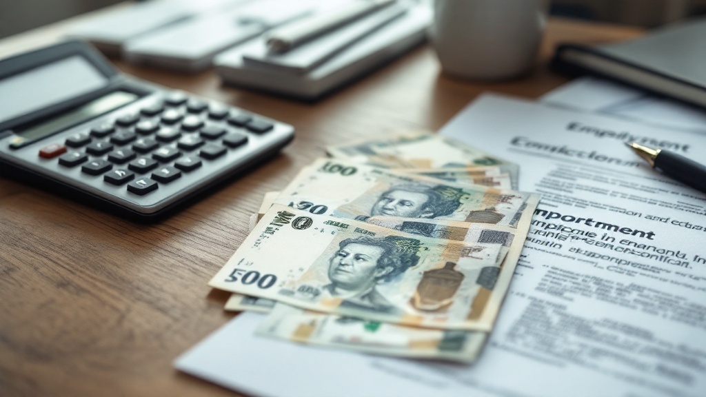Japanese yen stacks beside a calculator and employment paperwork on a wooden desk