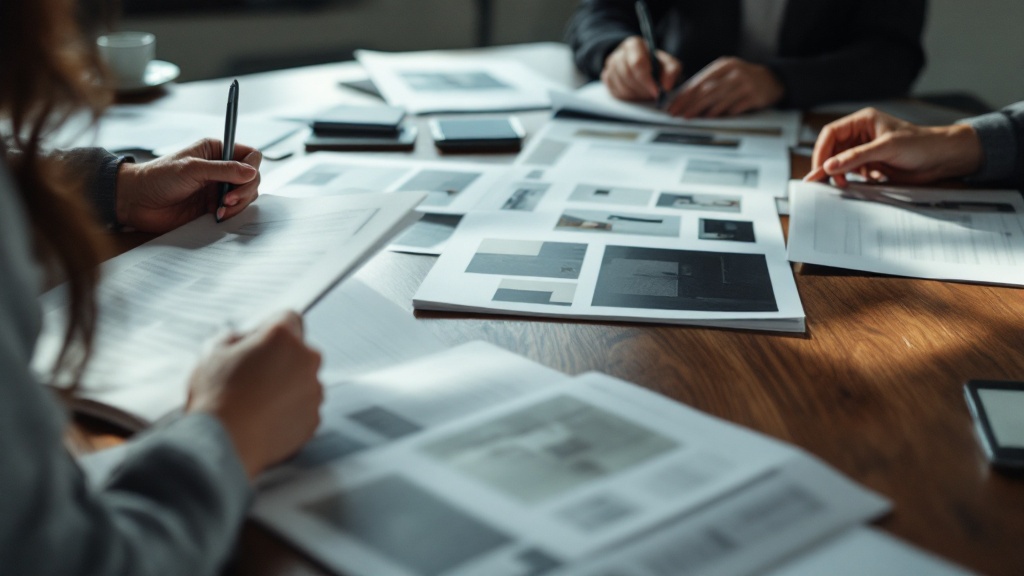 Hands reviewing exhibition portfolio documents on a dark conference table in a Japanese office