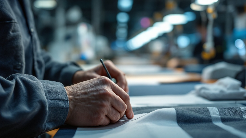 Hands examining woven fabric with a magnifying loupe at a Japanese factory quality control station