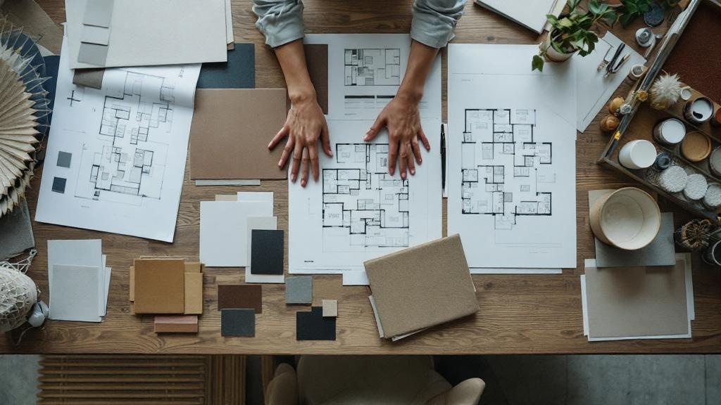 Overhead view of a design workspace table with material swatches, blueprints, and fabric samples with hands selecting materials