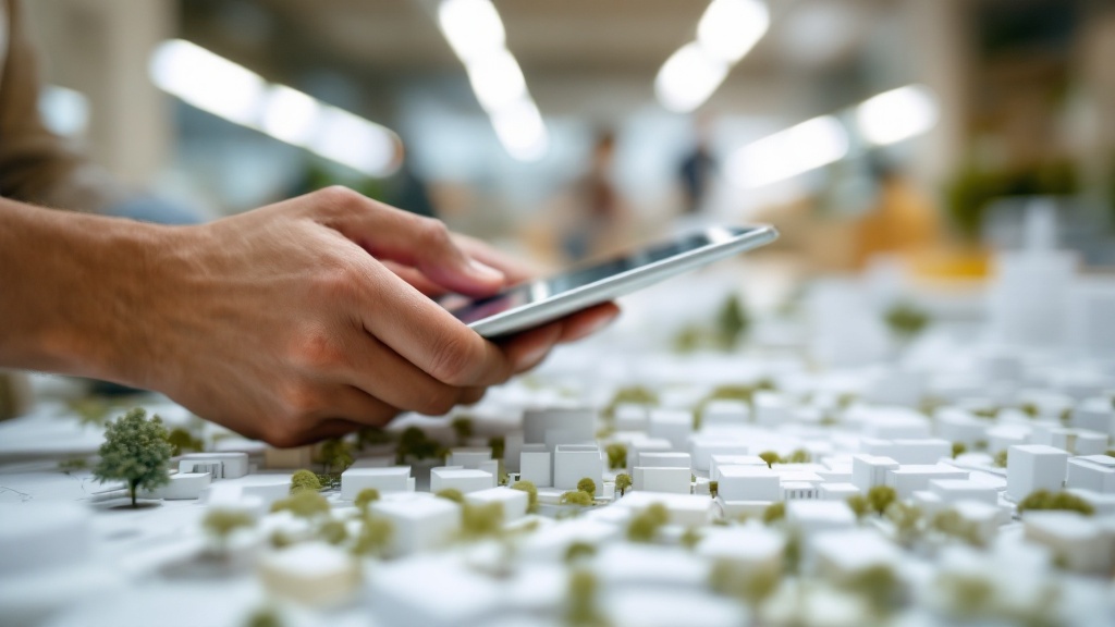 Hand holding a tablet above an architectural scale model of a mixed-use urban development