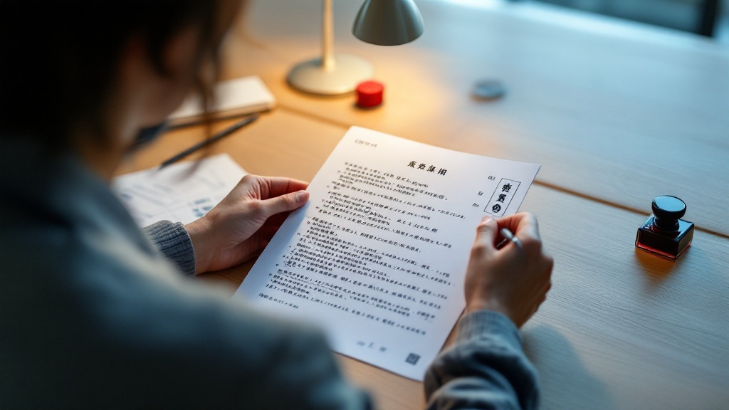 Over-the-shoulder view of person reviewing Japanese contract documents with hanko stamp on minimalist desk