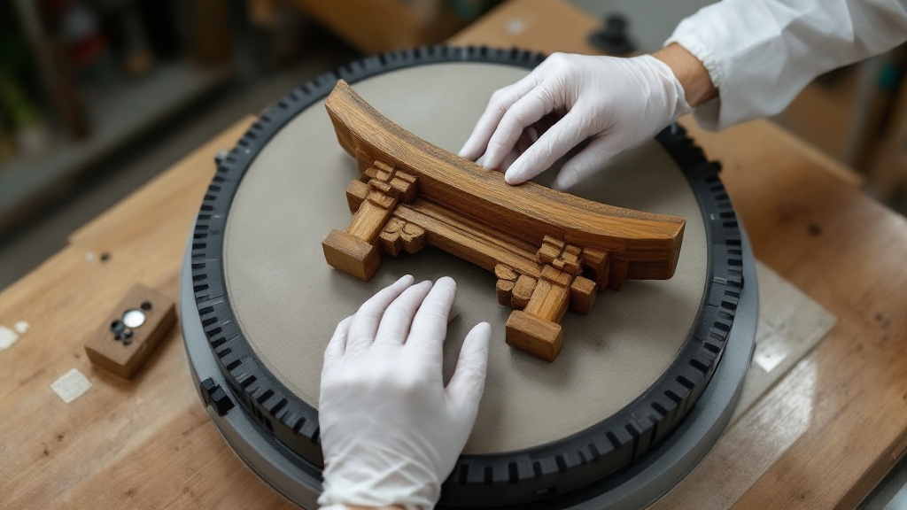 Gloved hands position a wooden temple element on a photogrammetry turntable in a conservation studio