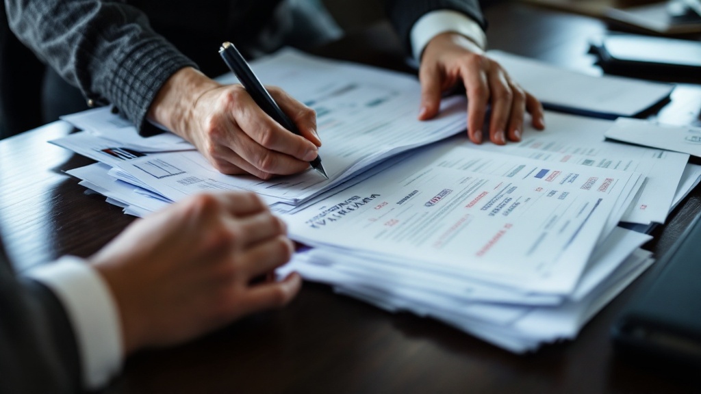Hands organizing official permits and visa documents on a wooden desk in a Japanese office