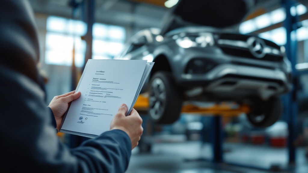 Engineer's hands holding certification documents beside a vehicle raised on an inspection lift in a Japanese garage