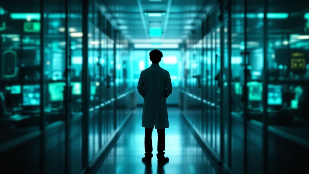 Silhouette overlooking a glass-walled university research corridor in Japan with glowing lab equipment