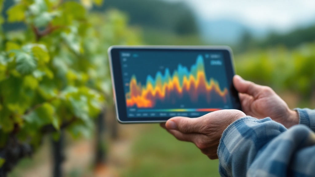 Farmer's hands holding a tablet showing crop analytics data at a Japanese vineyard