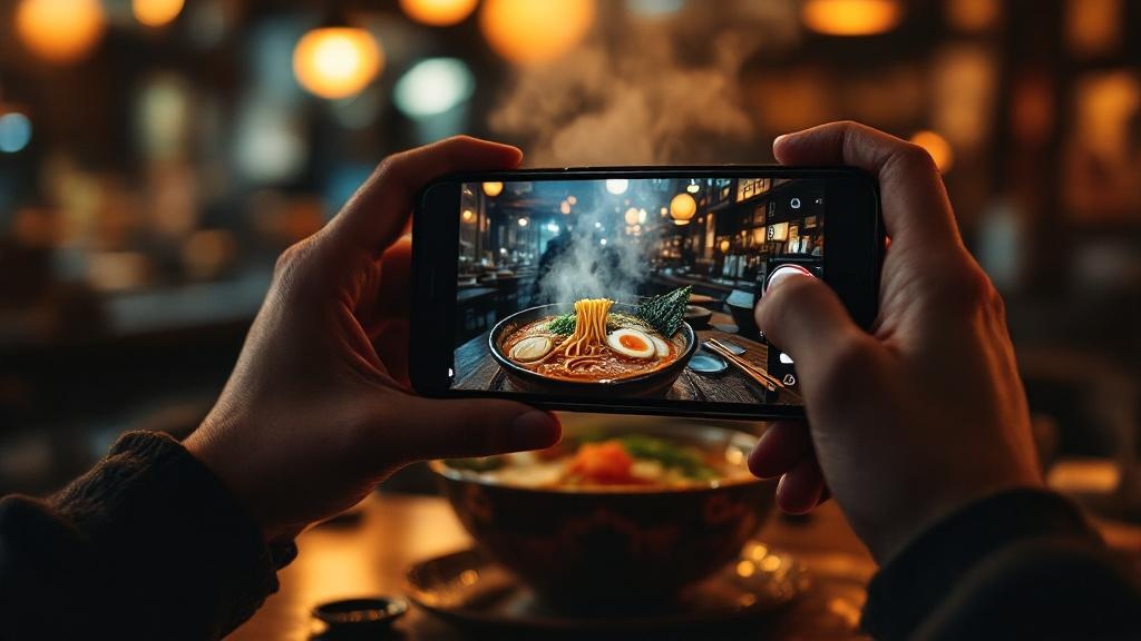 Hands holding a smartphone to photograph a steaming bowl of ramen at a Japanese izakaya counter