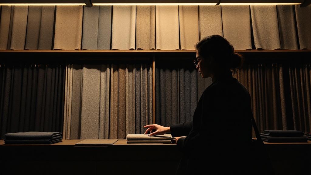 Silhouette of a shopper touching textured fabric swatches in a high-end Ginza boutique under soft spotlight