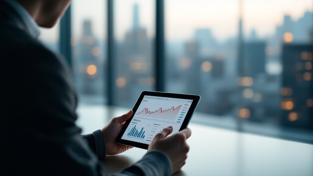 Over-the-shoulder view of financial charts on a tablet with blurred Tokyo skyline through office windows
